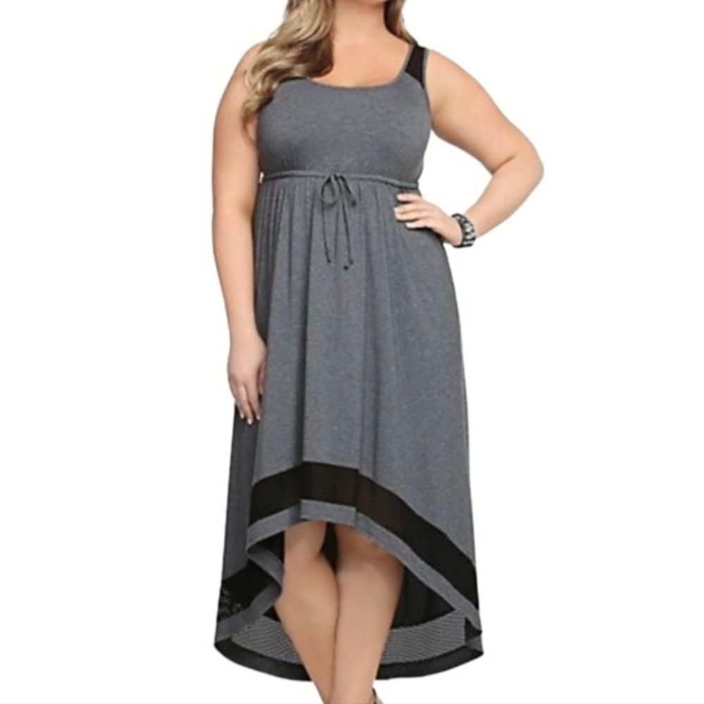 Torrid High Low Gray and Black Sleeveless Dress Mesh Accents Size 2